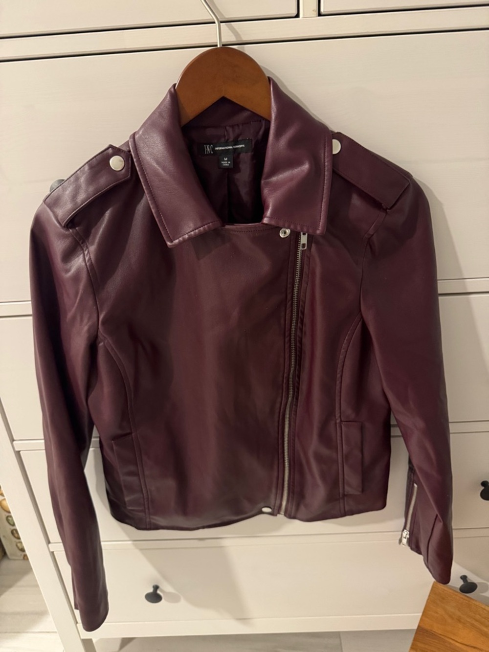 INC International Concepts Deep Plum Maroon Faux Leather Moto Jacket Sz M